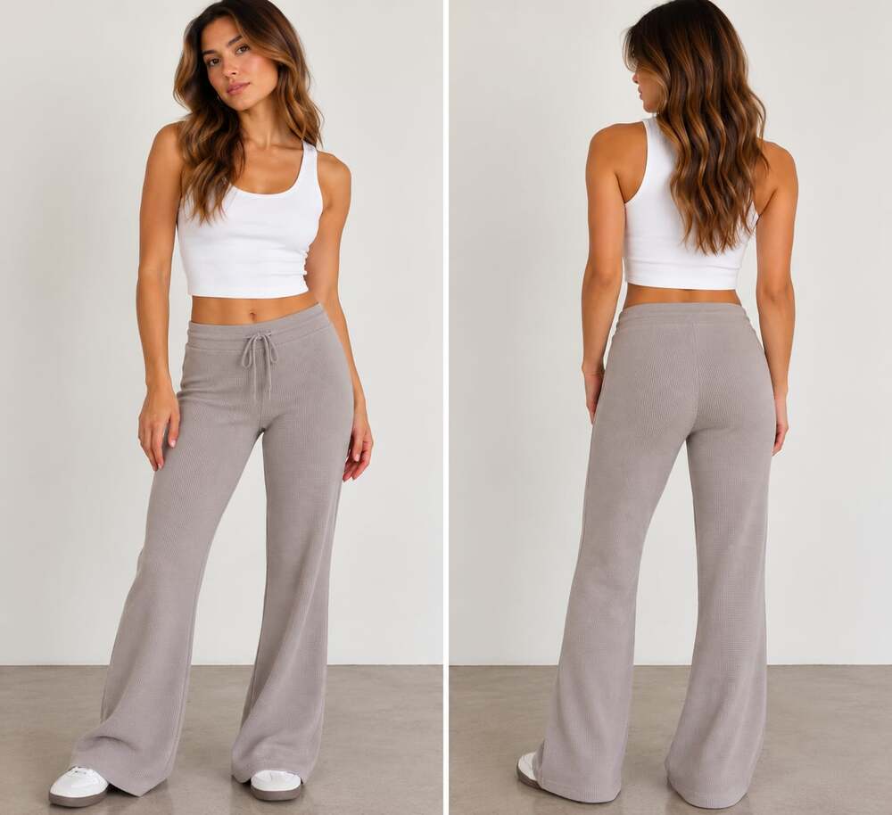 Sunday Best Taupe Gray Waffle Knit Flare Lounge Pants Drawstring
